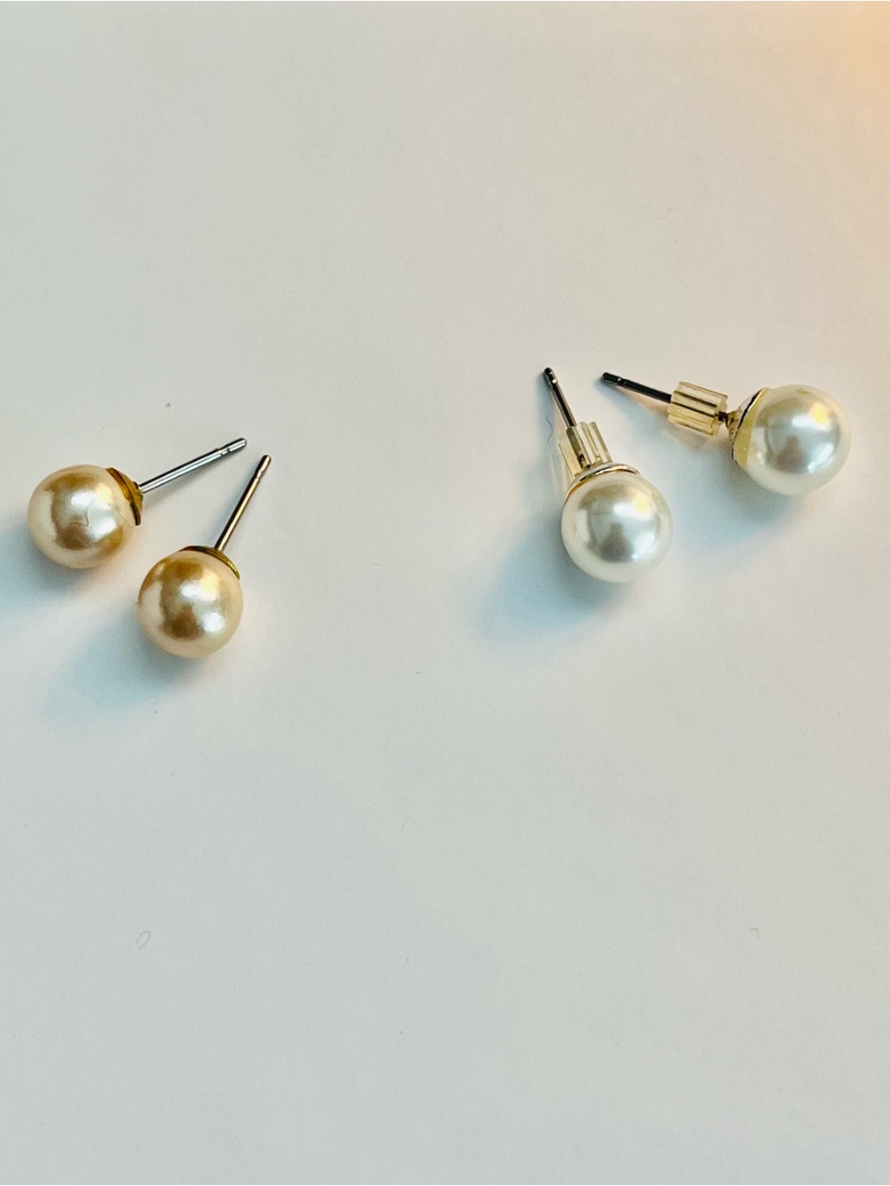 2 Pair Faux Pearl Stud Earrings, Champagne & White